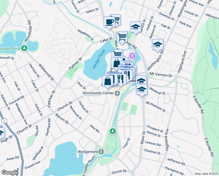 map of restaurants, bars, coffee shops, grocery stores, and more near 36 Church Street in Winchester