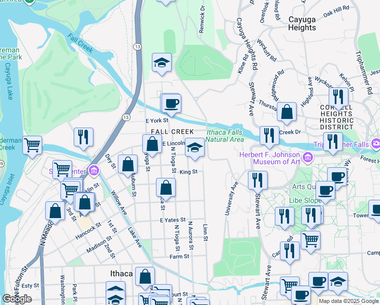 map of restaurants, bars, coffee shops, grocery stores, and more near 216 Queen Street in Ithaca