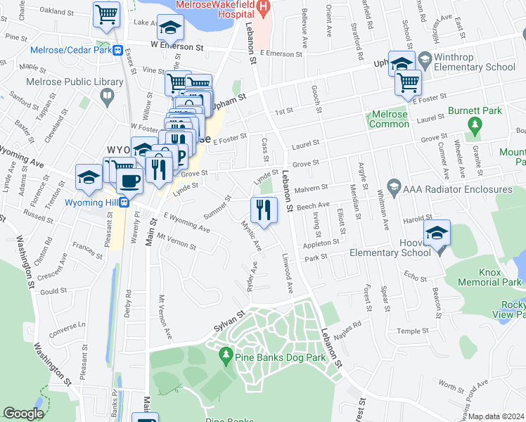 map of restaurants, bars, coffee shops, grocery stores, and more near 117 Linwood Avenue in Melrose