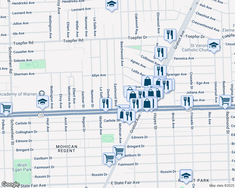 map of restaurants, bars, coffee shops, grocery stores, and more near 20916 Eastwood Boulevard in Warren