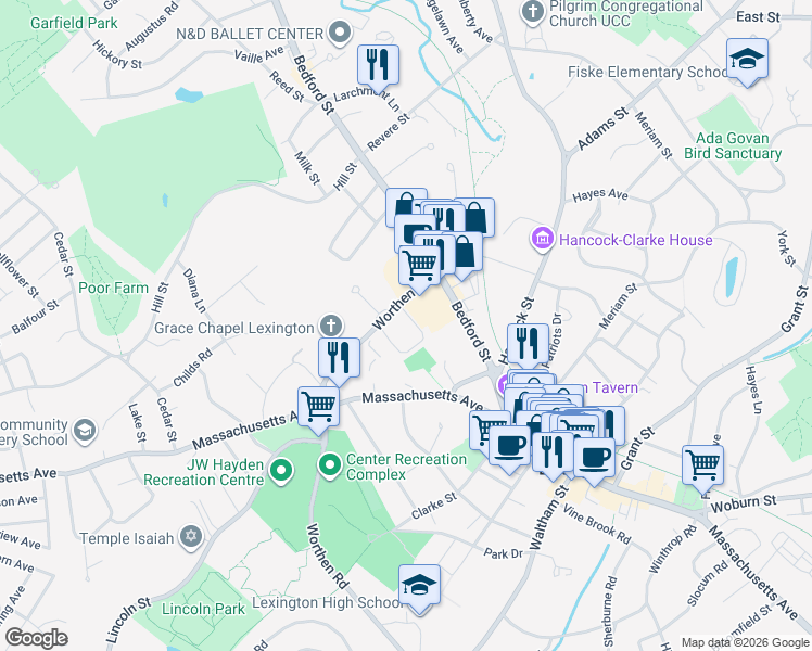 map of restaurants, bars, coffee shops, grocery stores, and more near 34 Worthen Road in Lexington