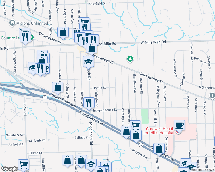 map of restaurants, bars, coffee shops, grocery stores, and more near 21709 Jefferson Street in Farmington Hills