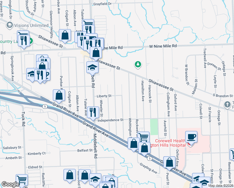 map of restaurants, bars, coffee shops, grocery stores, and more near 21709 Jefferson Street in Farmington Hills