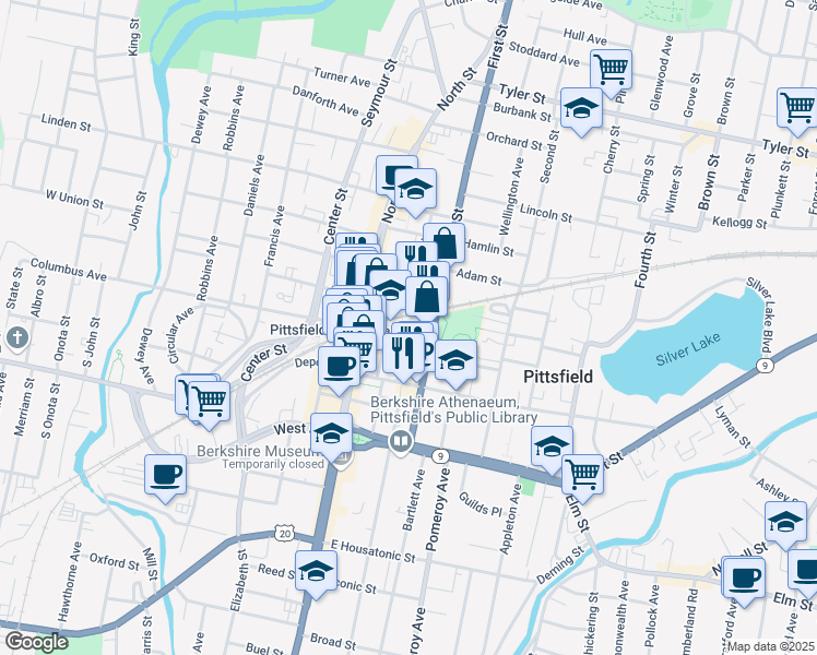 map of restaurants, bars, coffee shops, grocery stores, and more near 33 Eagle Street in Pittsfield