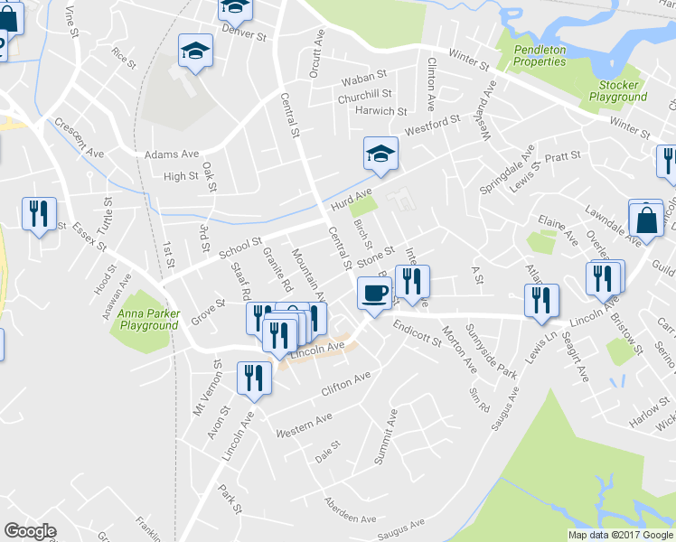 map of restaurants, bars, coffee shops, grocery stores, and more near 5 Castle Street in Saugus