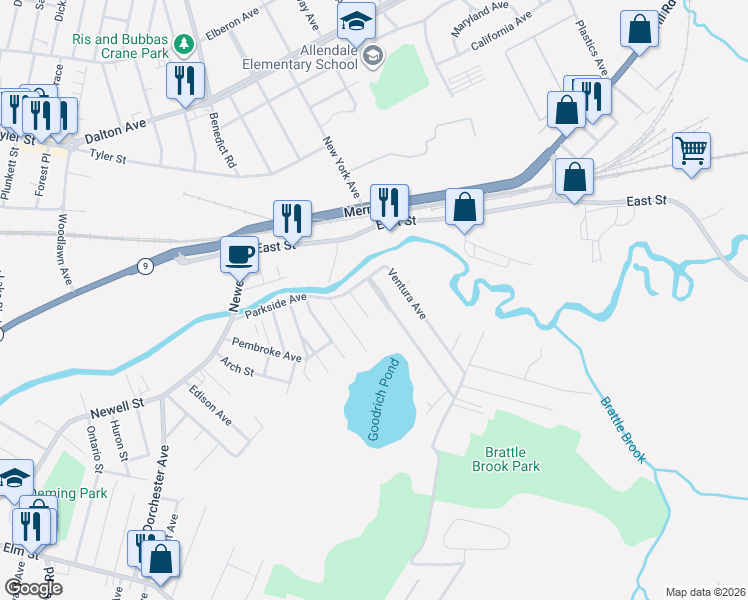 map of restaurants, bars, coffee shops, grocery stores, and more near 22 Longview Terrace in Pittsfield