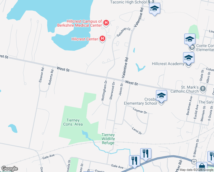 map of restaurants, bars, coffee shops, grocery stores, and more near 66 Nottingham Drive in Pittsfield