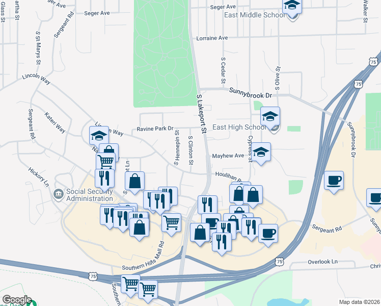map of restaurants, bars, coffee shops, grocery stores, and more near 3229 South Clinton Street in Sioux City