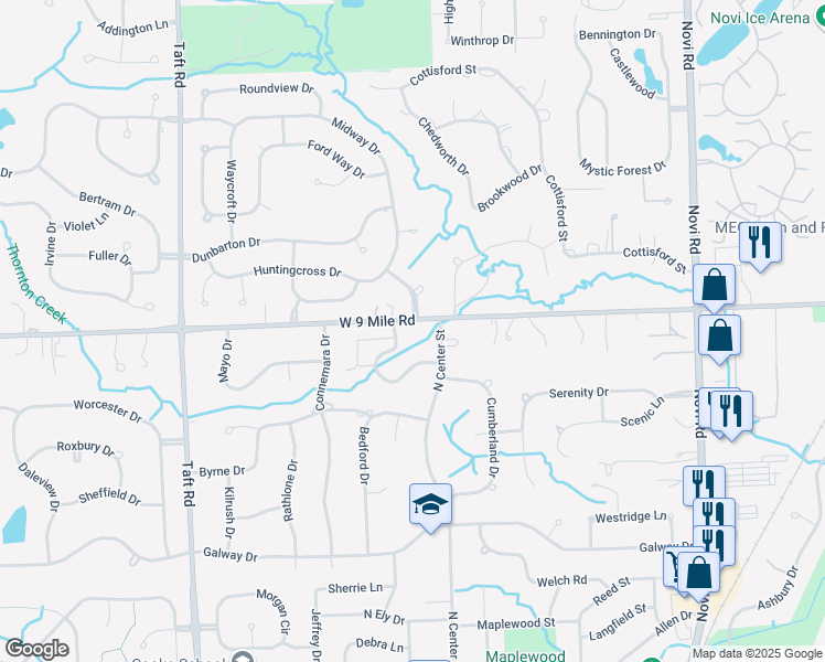 map of restaurants, bars, coffee shops, grocery stores, and more near 44850 North Hills Drive in Northville