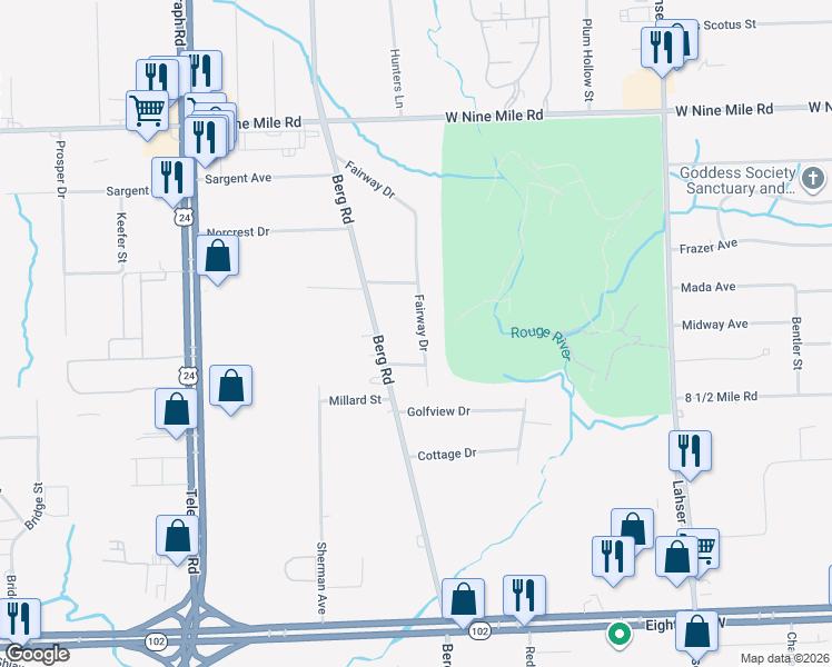 map of restaurants, bars, coffee shops, grocery stores, and more near 21775 Fairway Drive in Southfield