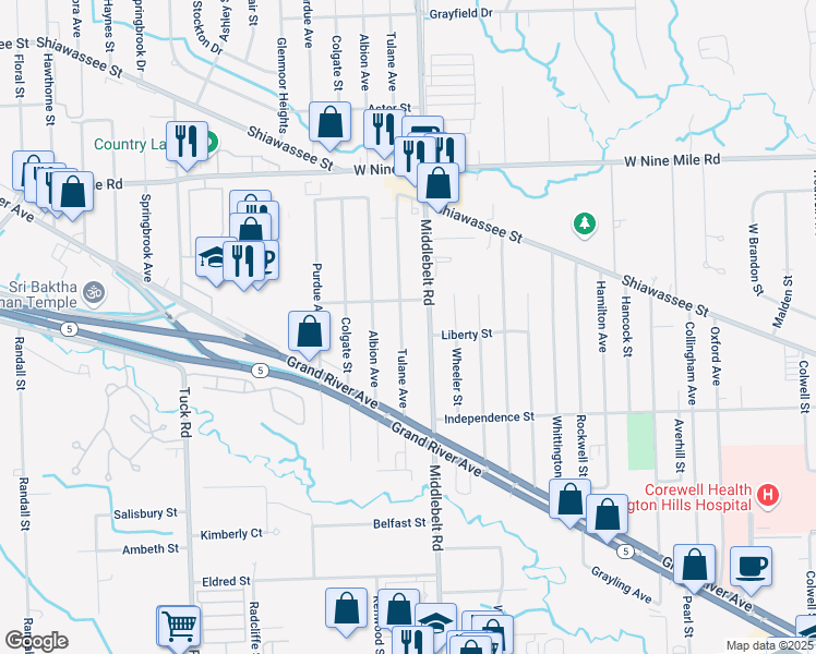 map of restaurants, bars, coffee shops, grocery stores, and more near 21688 Tulane Avenue in Farmington Hills