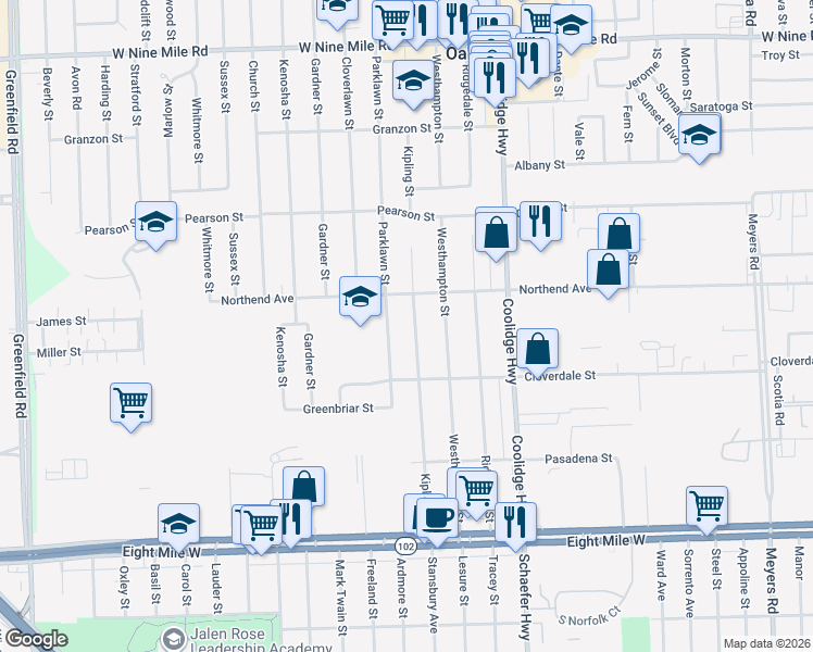 map of restaurants, bars, coffee shops, grocery stores, and more near 21411 Kipling Street in Oak Park
