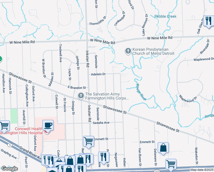 map of restaurants, bars, coffee shops, grocery stores, and more near 21740 Poinciana Street in Southfield