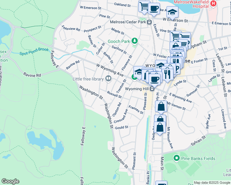 map of restaurants, bars, coffee shops, grocery stores, and more near 46 Trenton Street in Melrose
