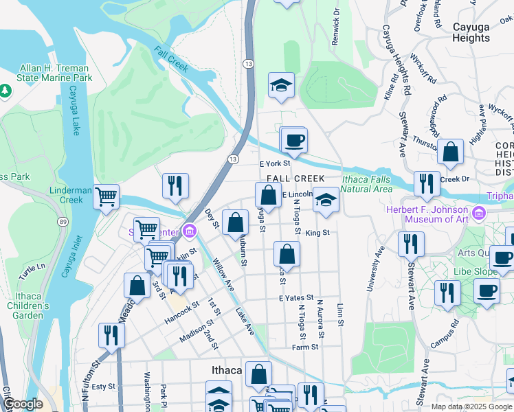 map of restaurants, bars, coffee shops, grocery stores, and more near 1012 North Cayuga Street in Ithaca