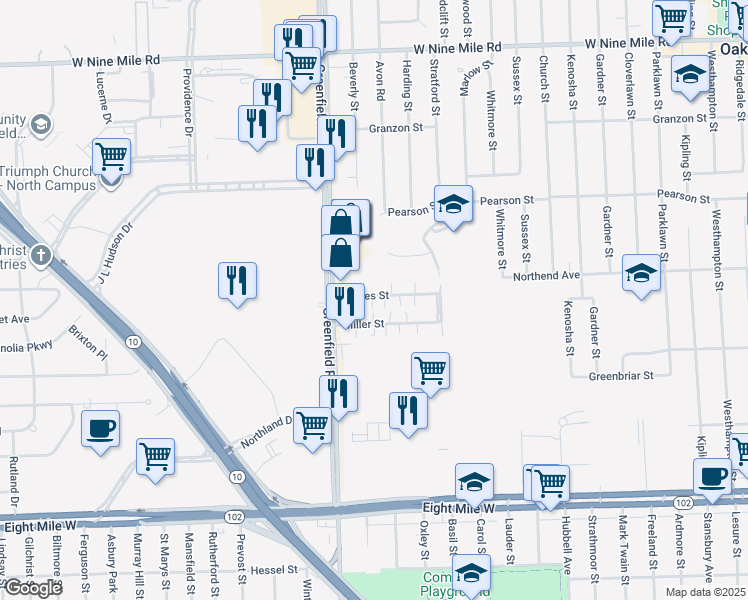 map of restaurants, bars, coffee shops, grocery stores, and more near 15335 James Street in Oak Park