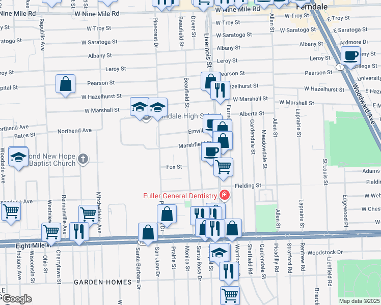 map of restaurants, bars, coffee shops, grocery stores, and more near 668 Kensington Avenue in Ferndale