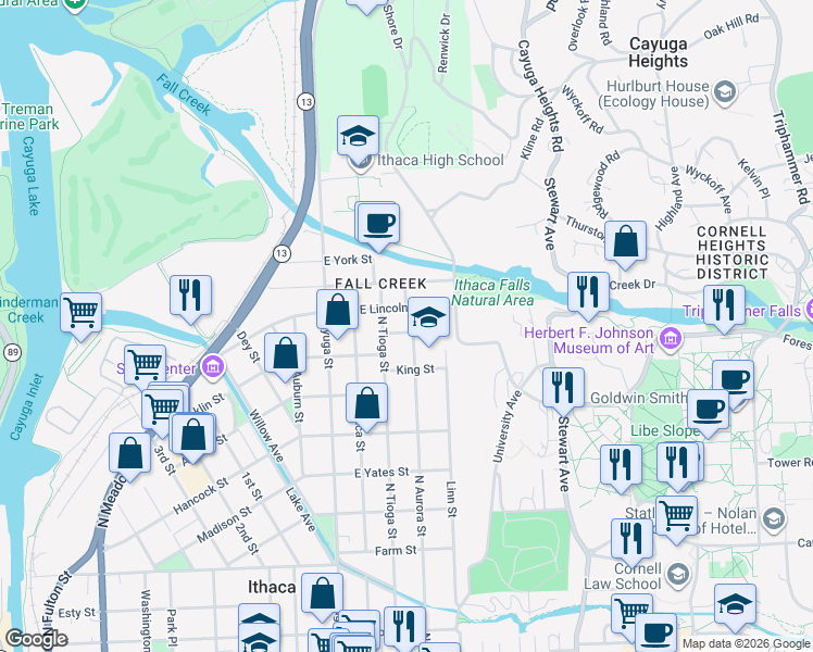 map of restaurants, bars, coffee shops, grocery stores, and more near 1002 North Aurora Street in Ithaca