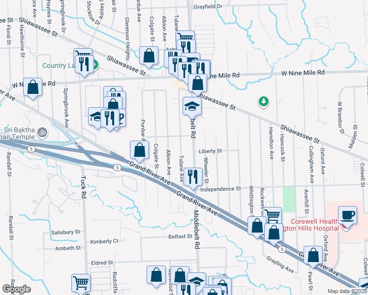 map of restaurants, bars, coffee shops, grocery stores, and more near 21688 Tulane Avenue in Farmington Hills