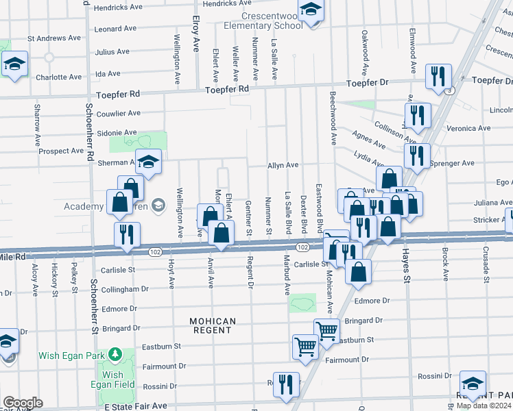 map of restaurants, bars, coffee shops, grocery stores, and more near 20816 Gentner Street in Warren