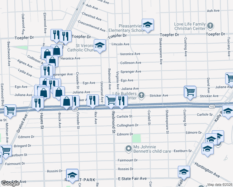 map of restaurants, bars, coffee shops, grocery stores, and more near 20773 Virginia Avenue in Eastpointe