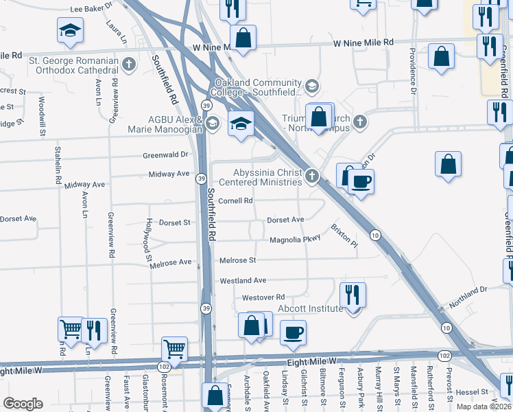 map of restaurants, bars, coffee shops, grocery stores, and more near 17505 Cornell Road in Southfield