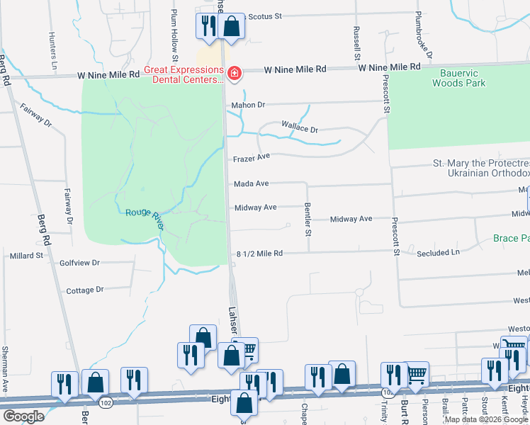 map of restaurants, bars, coffee shops, grocery stores, and more near 21801 Midway Avenue in Southfield