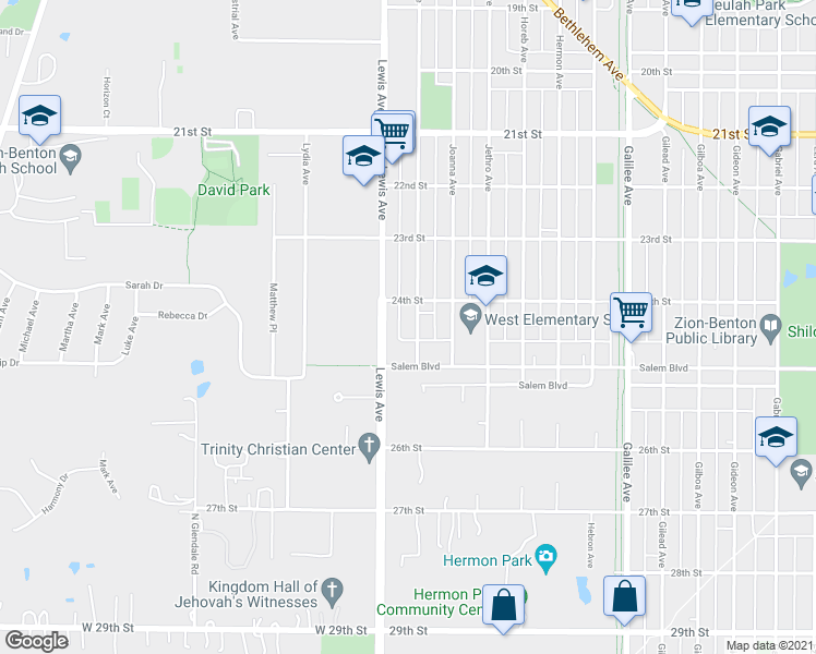 map of restaurants, bars, coffee shops, grocery stores, and more near 2408 Joppa Avenue in Zion