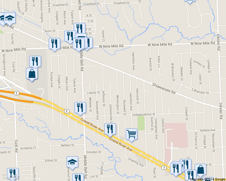 map of restaurants, bars, coffee shops, grocery stores, and more near 21702 Jacksonville Street in Farmington Hills