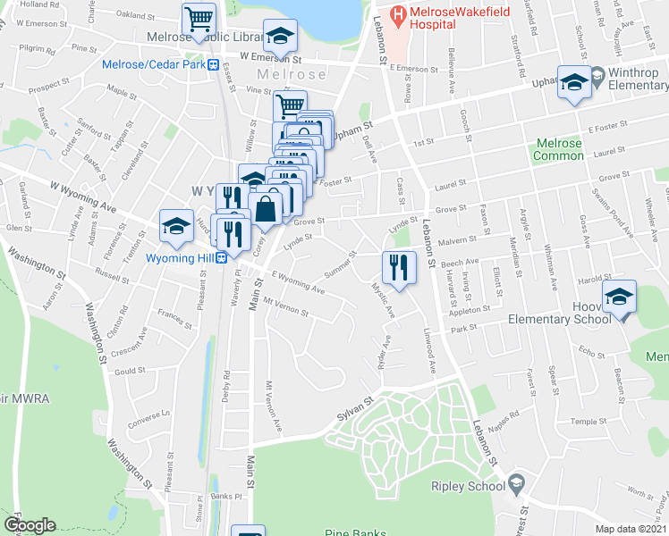 map of restaurants, bars, coffee shops, grocery stores, and more near 30 Summer Street in Melrose