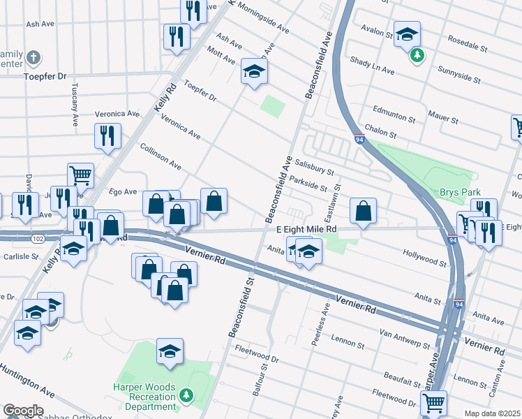 map of restaurants, bars, coffee shops, grocery stores, and more near 19251 Collinson Avenue in Eastpointe