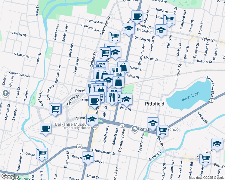 map of restaurants, bars, coffee shops, grocery stores, and more near 33 Eagle Street in Pittsfield