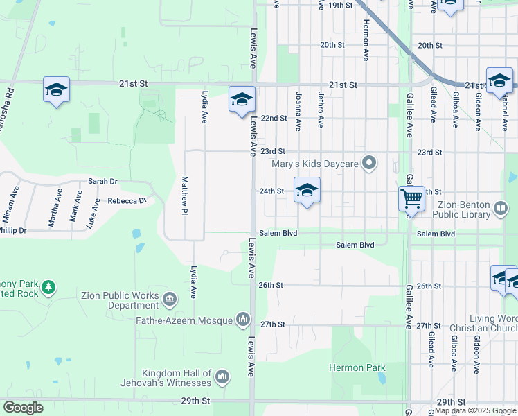 map of restaurants, bars, coffee shops, grocery stores, and more near 2417 Lewis Avenue in Zion