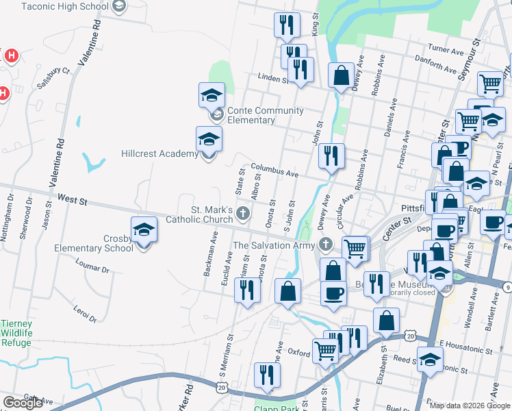 map of restaurants, bars, coffee shops, grocery stores, and more near 30 Albro Street in Pittsfield