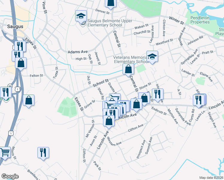 map of restaurants, bars, coffee shops, grocery stores, and more near 16 Granite Road in Saugus