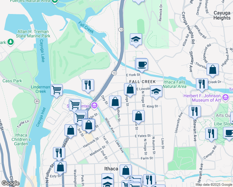 map of restaurants, bars, coffee shops, grocery stores, and more near 213 West Lincoln Street in Ithaca