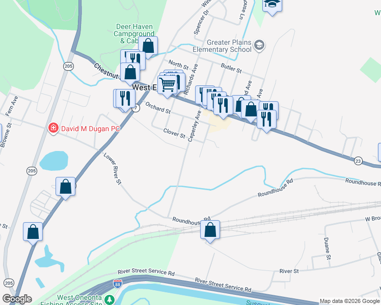 map of restaurants, bars, coffee shops, grocery stores, and more near 35 Ceperley Avenue in Oneonta