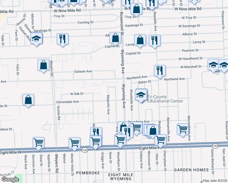 map of restaurants, bars, coffee shops, grocery stores, and more near 21353 Ithaca Avenue in Ferndale