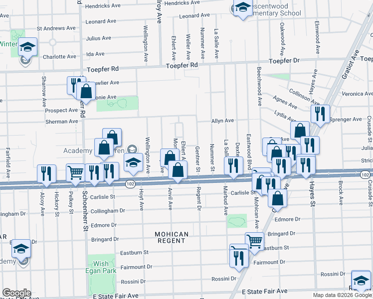 map of restaurants, bars, coffee shops, grocery stores, and more near 20818 Ehlert Avenue in Warren
