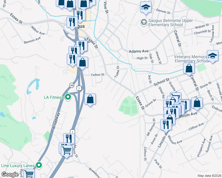 map of restaurants, bars, coffee shops, grocery stores, and more near 15 Hayden Road in Saugus