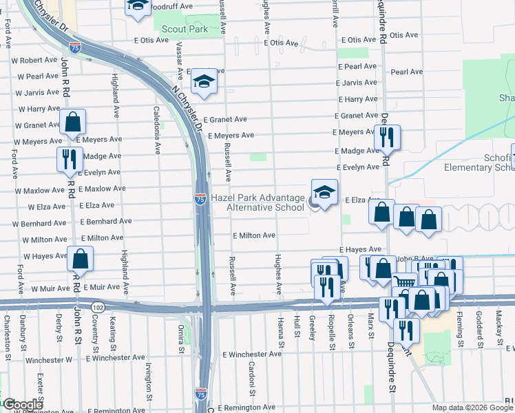 map of restaurants, bars, coffee shops, grocery stores, and more near 1320 East Elza Avenue in Hazel Park