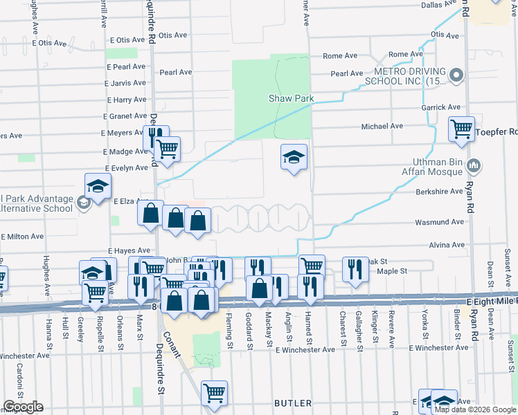 map of restaurants, bars, coffee shops, grocery stores, and more near 109 South Lafayette Boulevard in Warren
