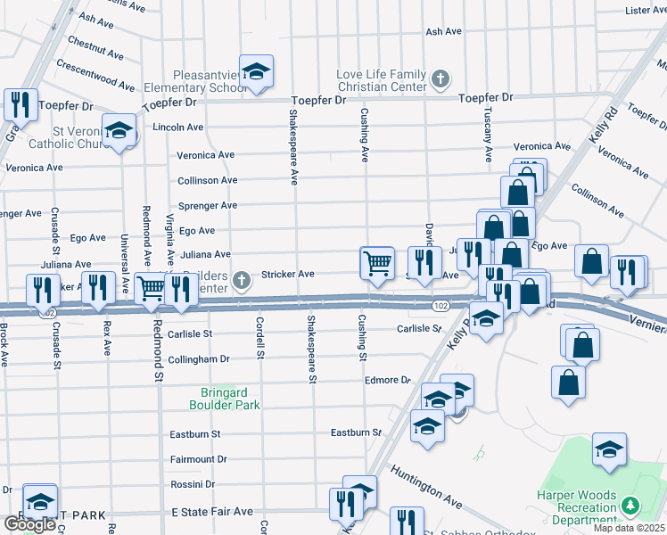 map of restaurants, bars, coffee shops, grocery stores, and more near 16781 Stricker Avenue in Eastpointe
