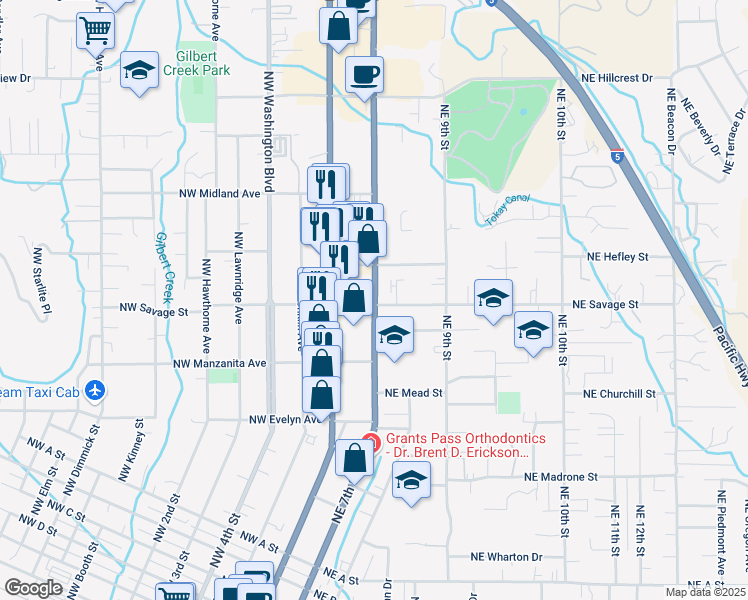 map of restaurants, bars, coffee shops, grocery stores, and more near 122-132 Northeast Savage Street in Grants Pass