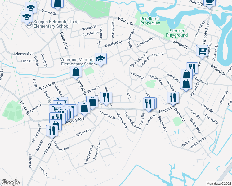 map of restaurants, bars, coffee shops, grocery stores, and more near 8 Hillside Avenue in Saugus