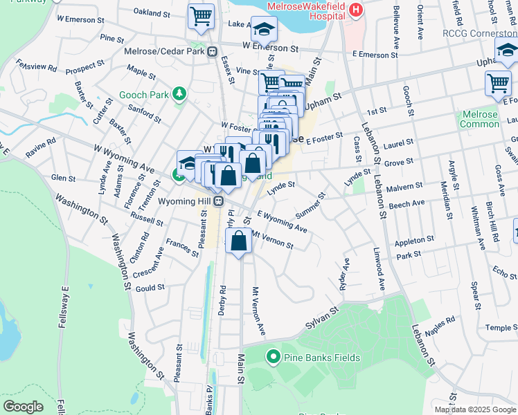 map of restaurants, bars, coffee shops, grocery stores, and more near 333 Main Street in Melrose