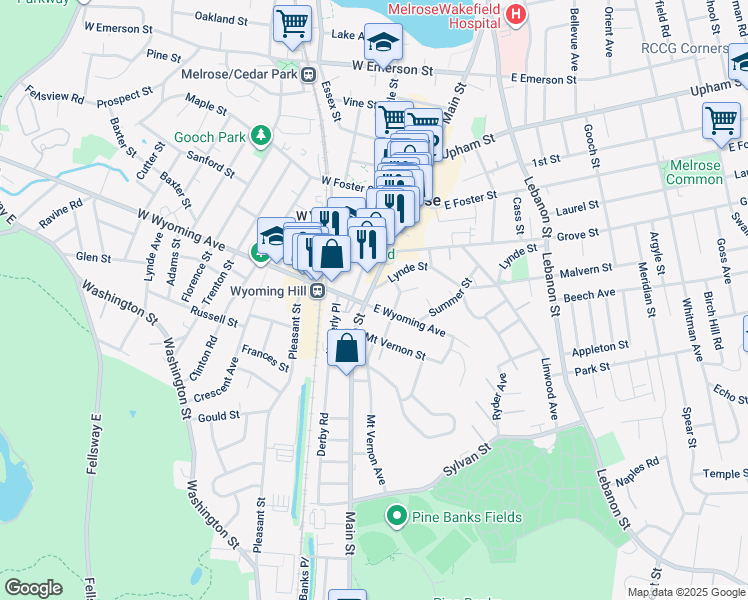 map of restaurants, bars, coffee shops, grocery stores, and more near 333 Main Street in Melrose