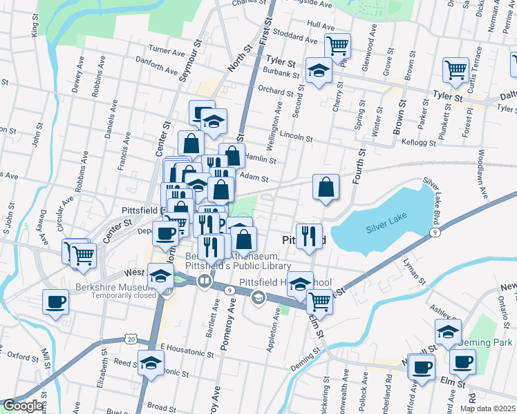 map of restaurants, bars, coffee shops, grocery stores, and more near 12 Wallace Place in Pittsfield