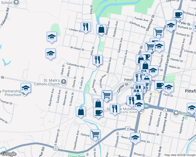 map of restaurants, bars, coffee shops, grocery stores, and more near 54 Dewey Avenue in Pittsfield