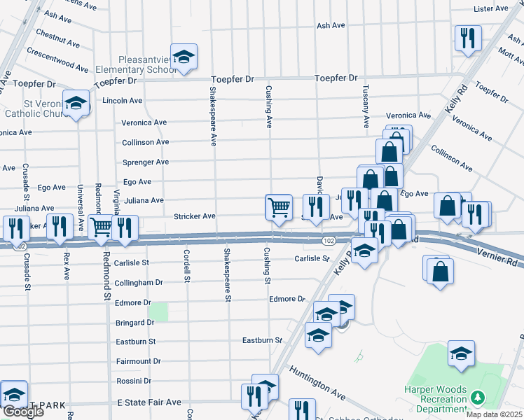 map of restaurants, bars, coffee shops, grocery stores, and more near 16837 Stricker Avenue in Eastpointe